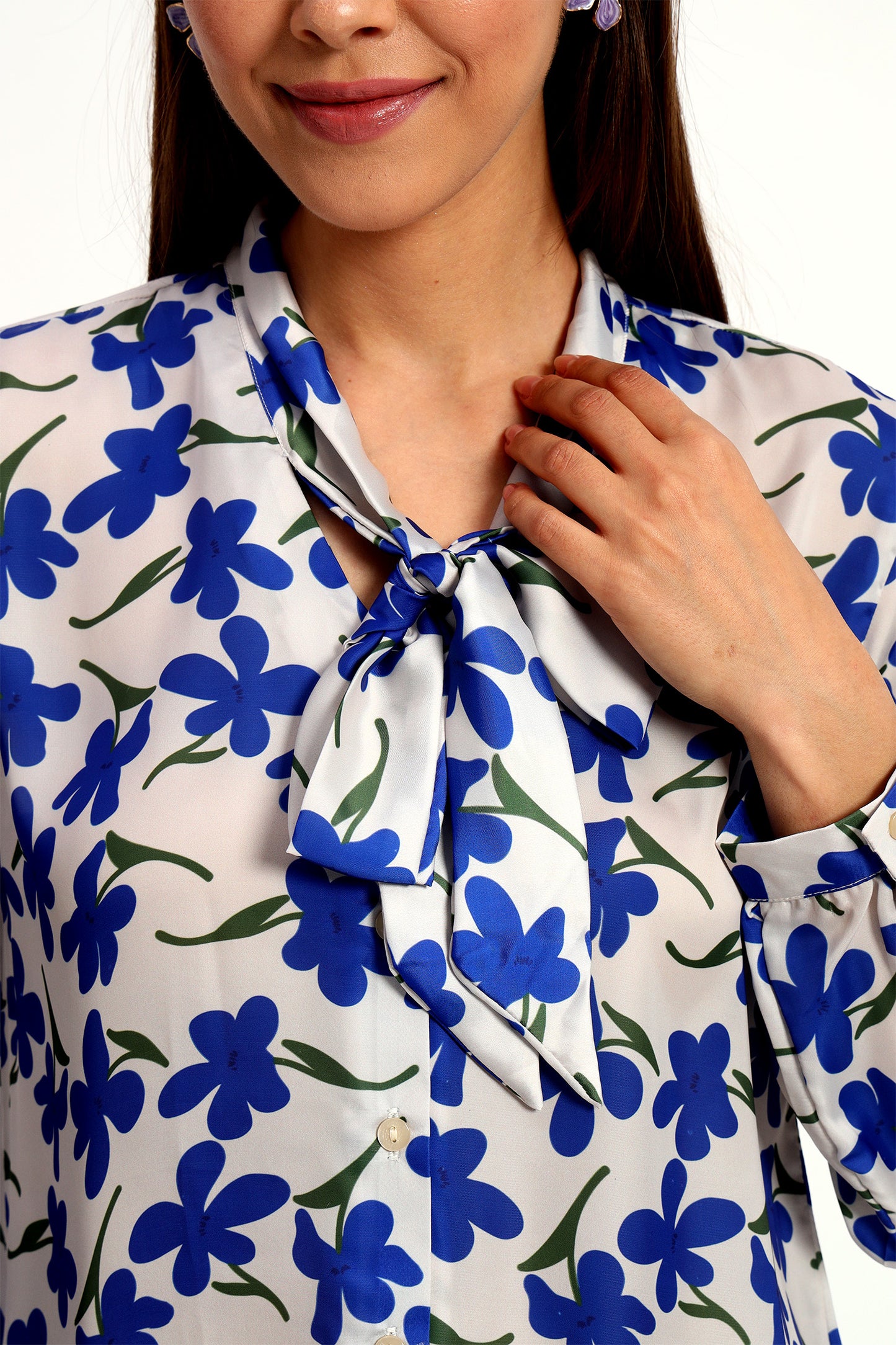 Blueberry Floral Print Bow Shirt