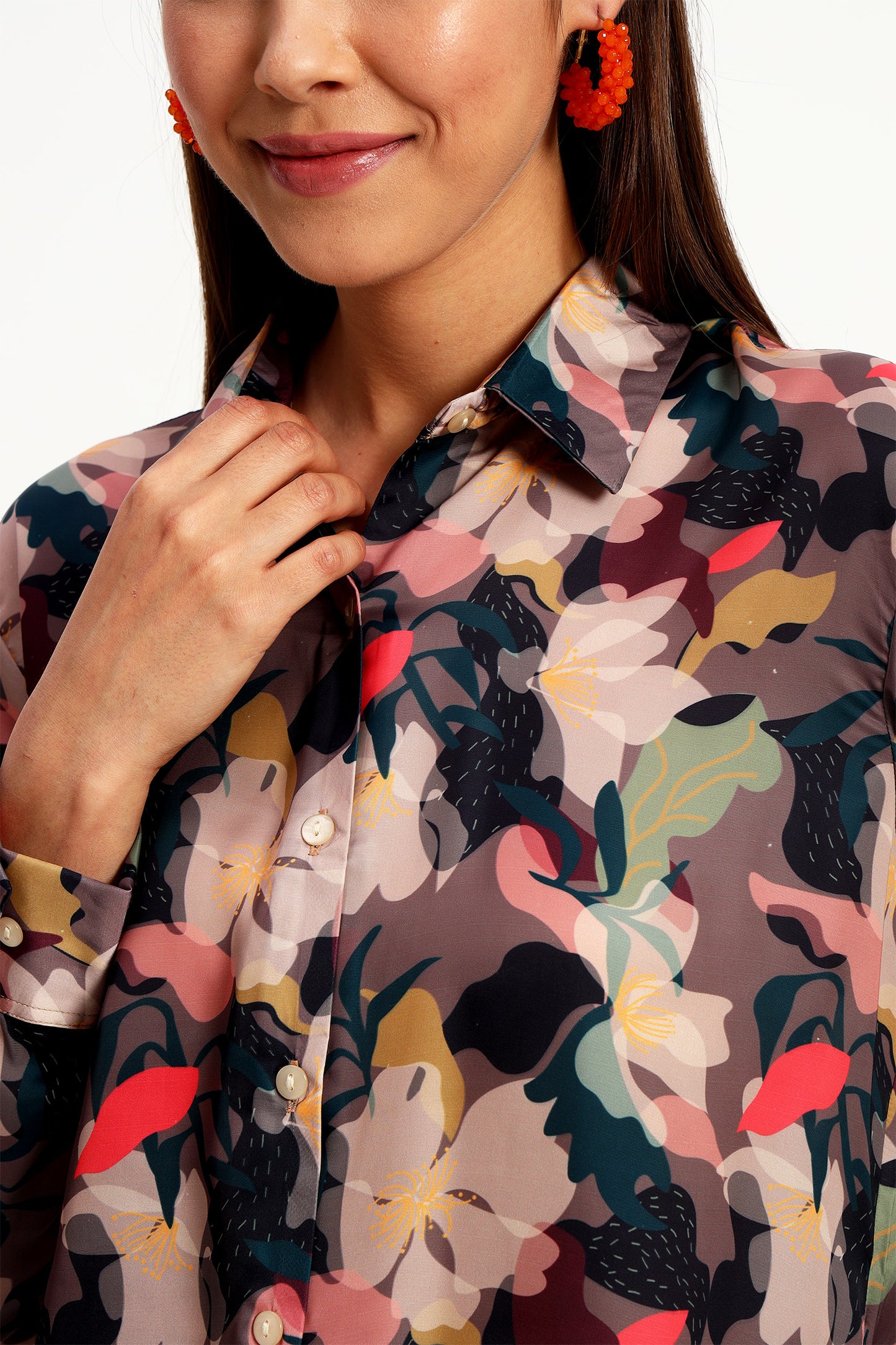 Brown Floral Print Satin Shirt