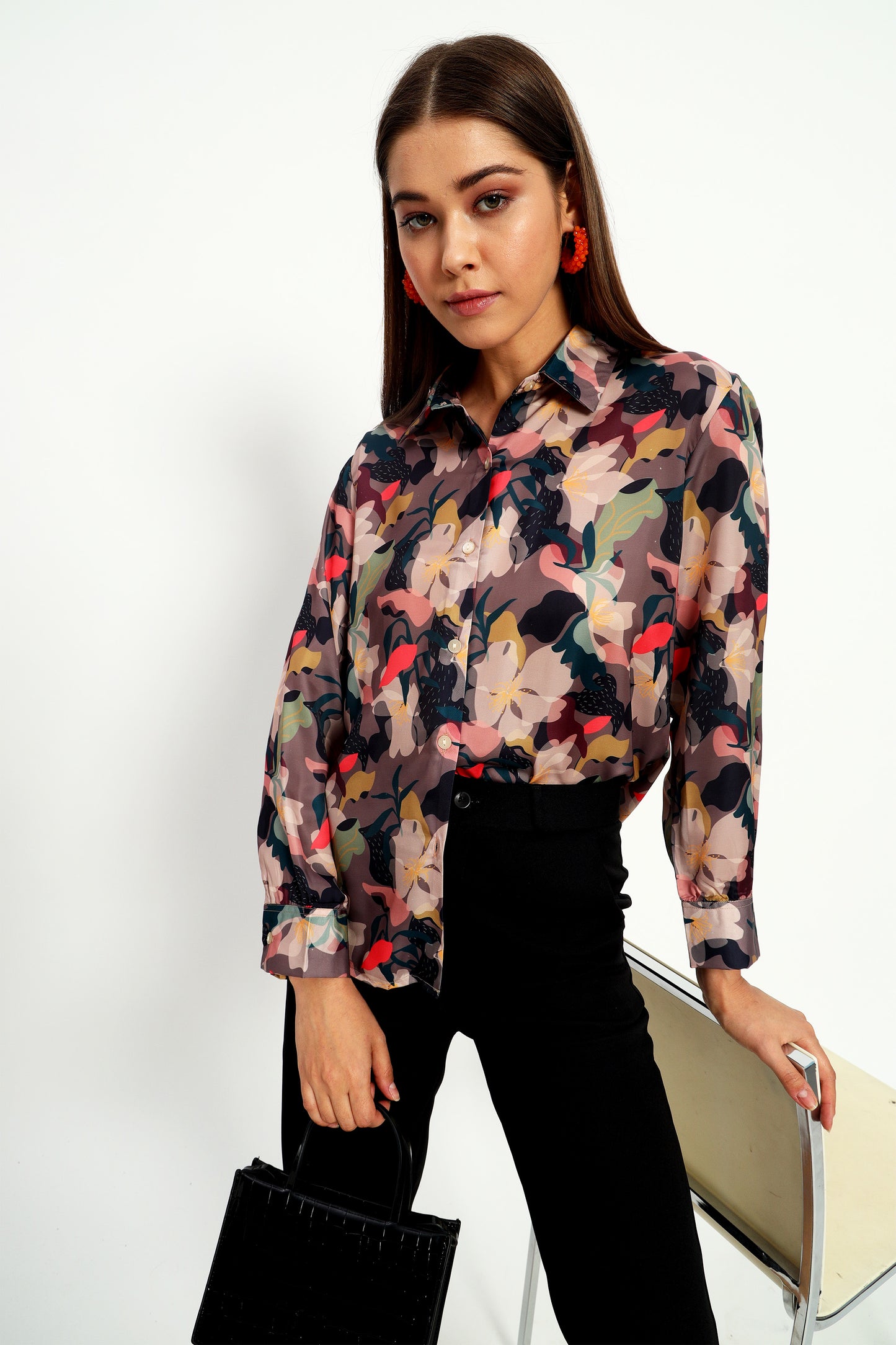 Brown Floral Print Satin Shirt