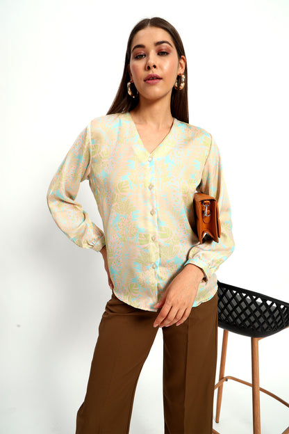 Bright Blue Leafy Print Shirt