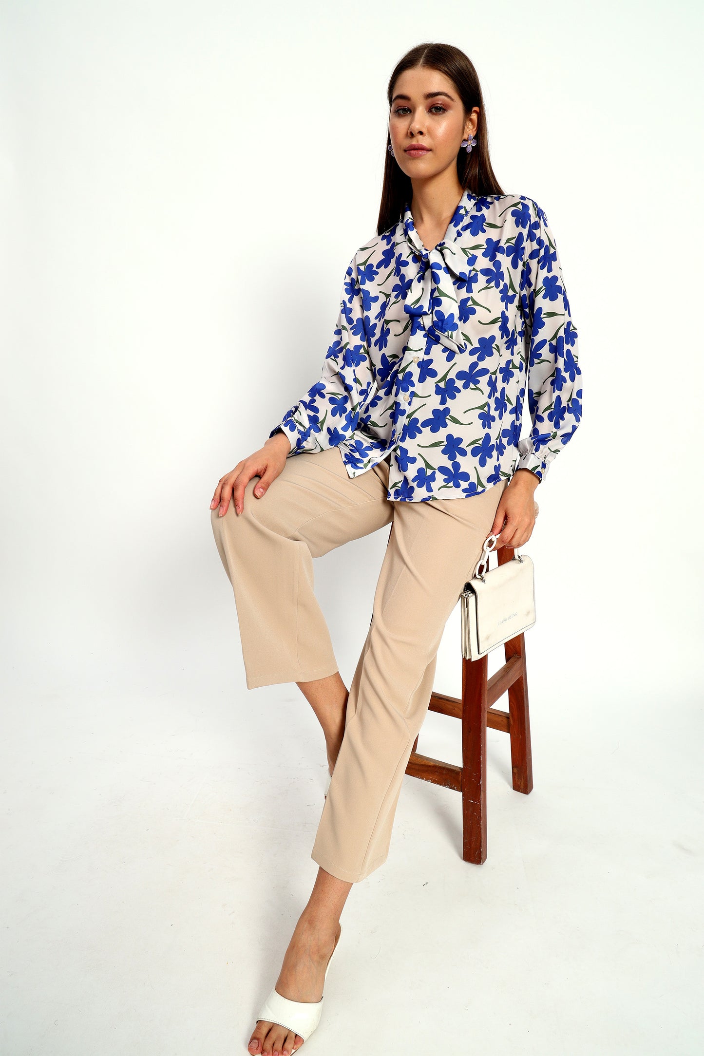 Blueberry Floral Print Bow Shirt