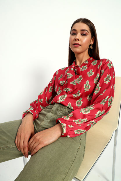 Cadmium Red Printed Bow Shirt