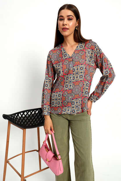 Aboriginal Print V Neck Shirt