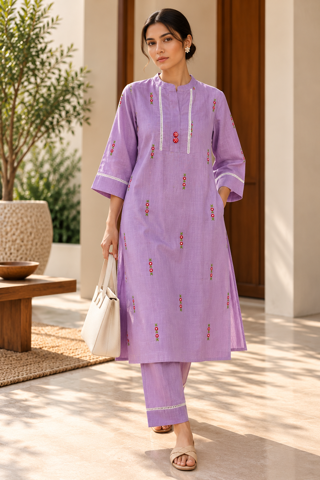 Lilac Embroidered Cotton Kurta Set