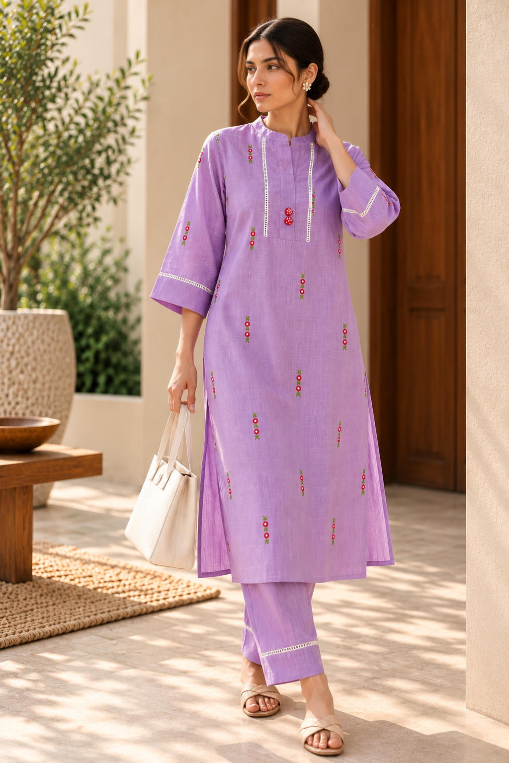Lilac Embroidered Cotton Kurta Set
