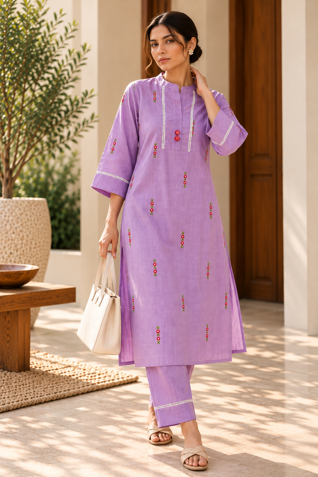 Lilac Embroidered Cotton Kurta Set