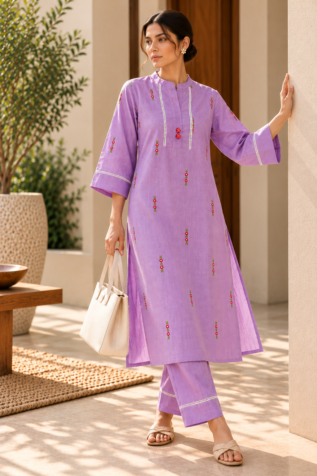 Lilac Embroidered Cotton Kurta Set