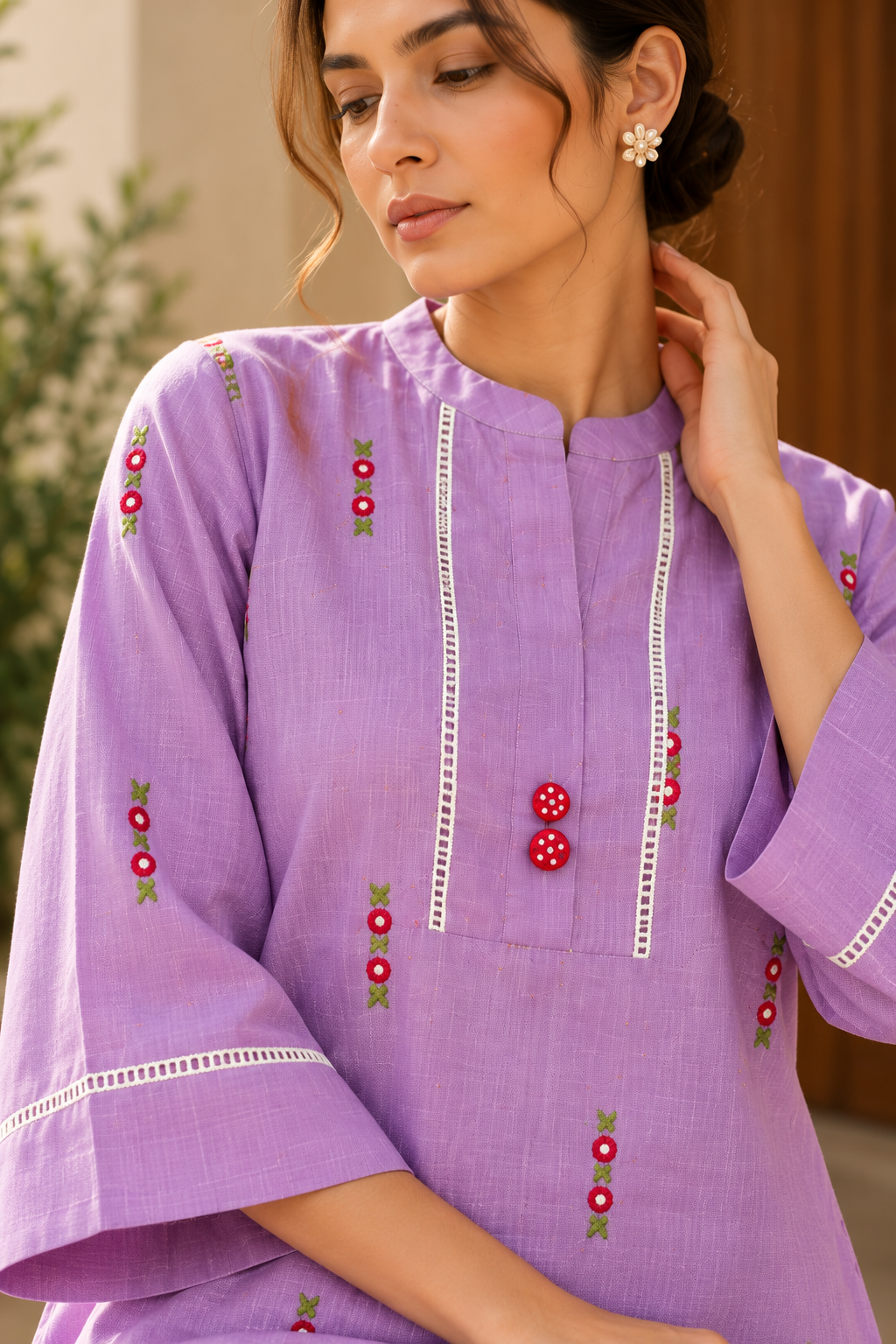 Lilac Embroidered Cotton Kurta Set