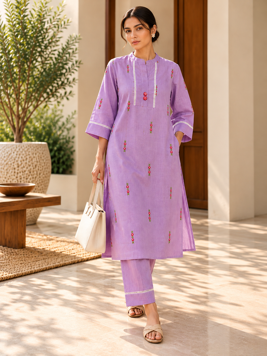 Lilac Embroidered Cotton Kurta Set
