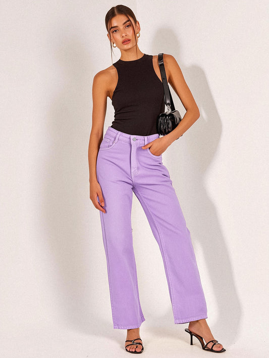 Lilac Denim Straight Fit Wide Leg Jeans