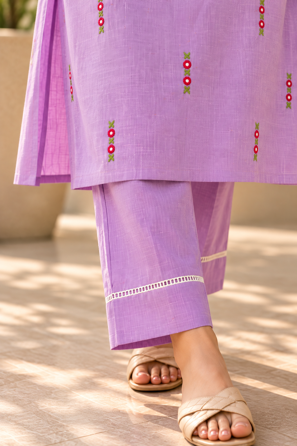 Lilac Embroidered Cotton Kurta Set