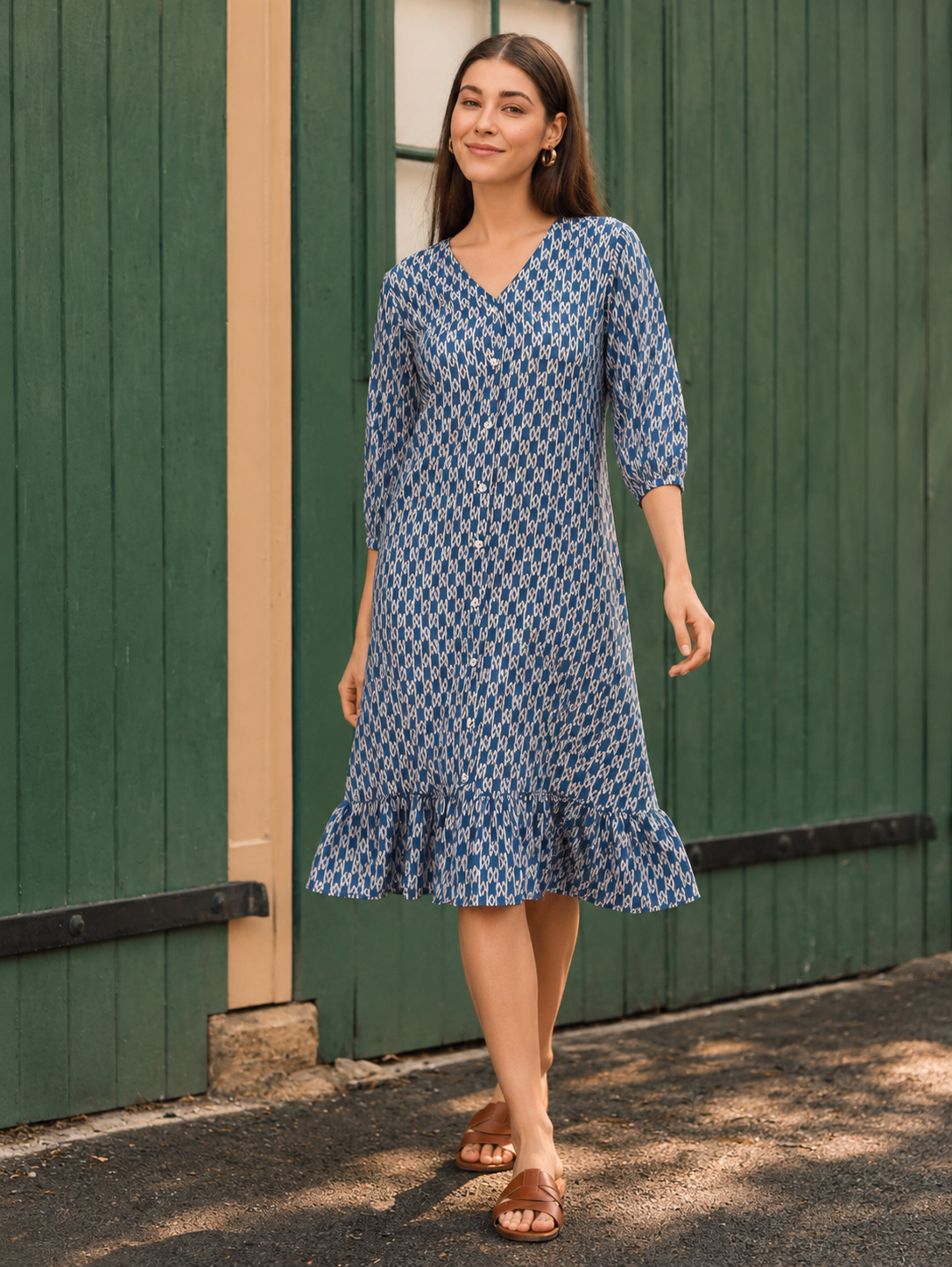 Navy Blue Printed A-line Dress