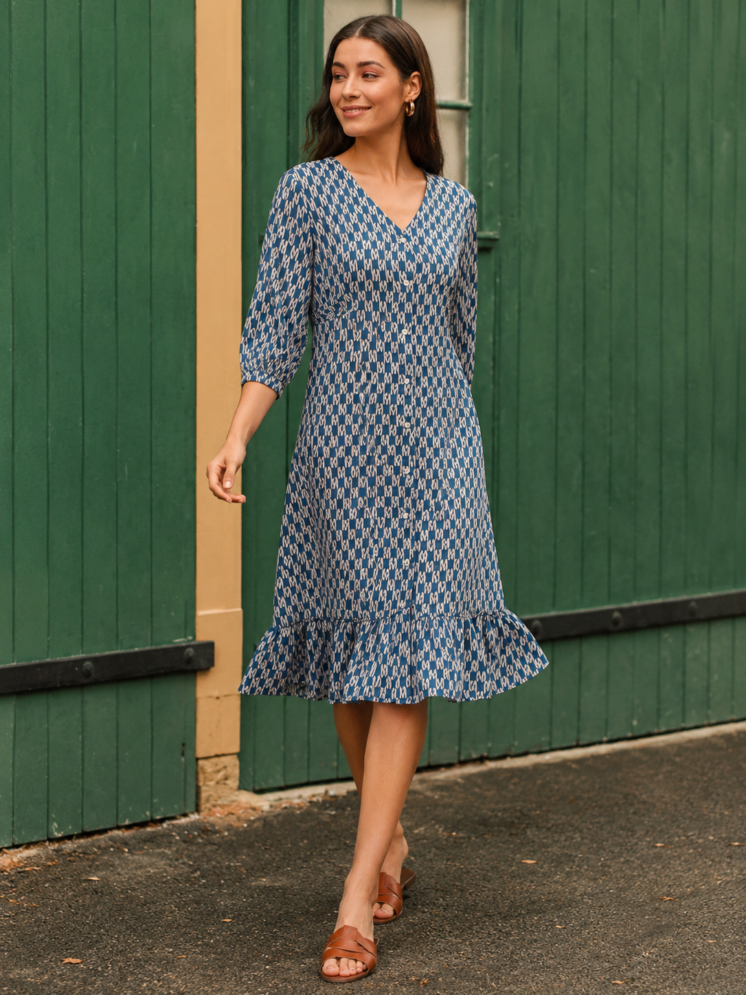 Navy Blue Printed A-line Dress