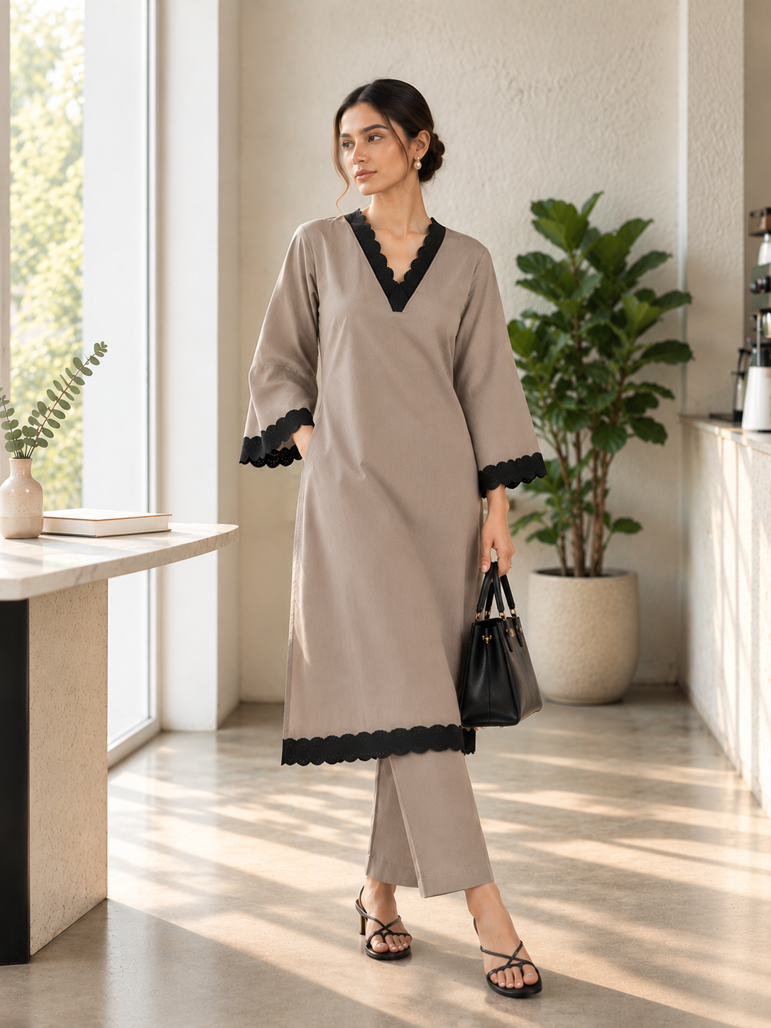 English Grey Embellished V-Neck Cotton Kurta Set