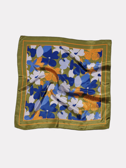 Olive Floral Printed Satin Scarf (20.5 X 20.5 Inches)