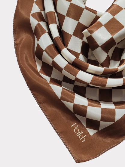 Brown Checks Printed Satin Scarf (20.5 x 20.5 Inches)