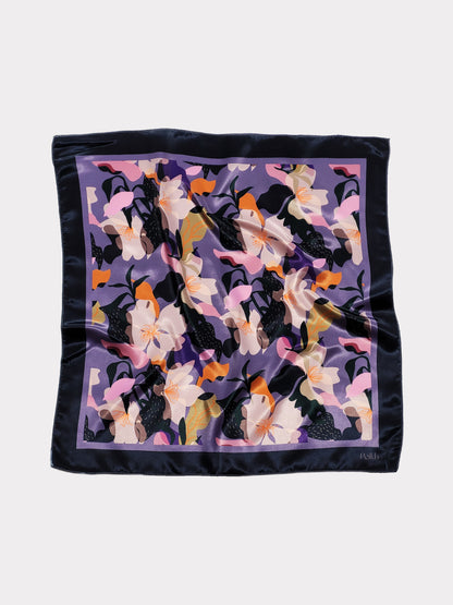 Violet Floral Printed Satin Scarf (20.5 x 20.5 Inches)