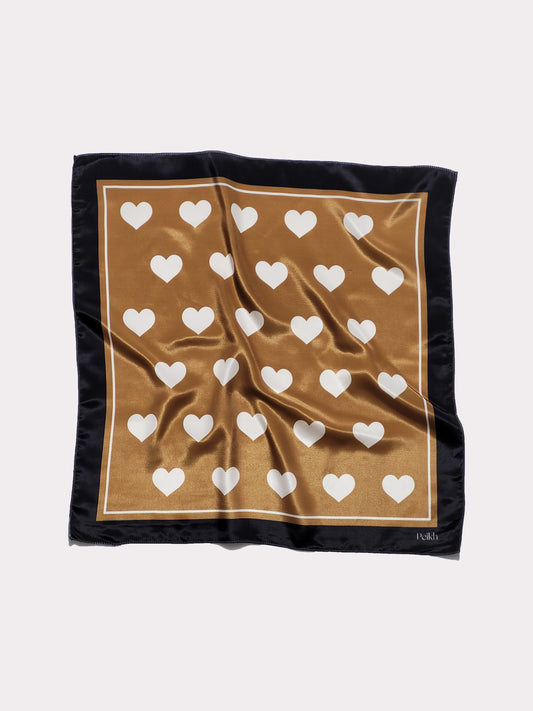 Coffee Brown Heart Printed Satin Scarf (20.5 x 20.5 Inches)