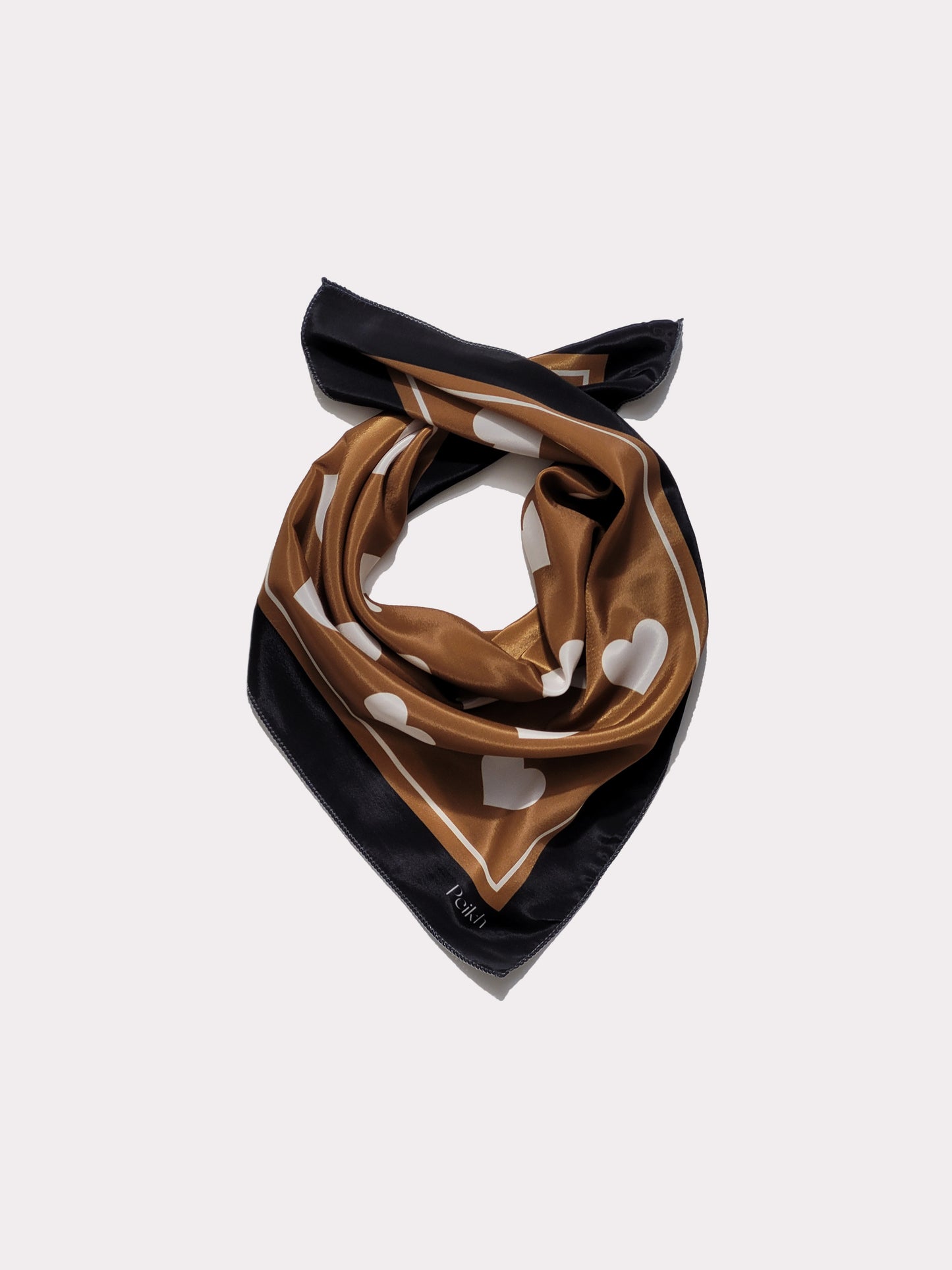 Coffee Brown Heart Printed Satin Scarf (20.5 x 20.5 Inches)