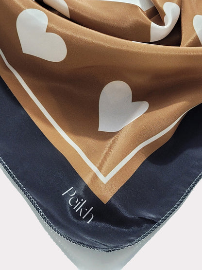 Coffee Brown Heart Printed Satin Scarf (20.5 x 20.5 Inches)