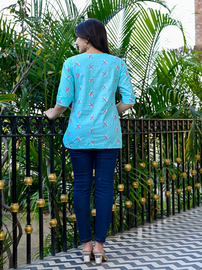 Blue Embroidered Cotton Top