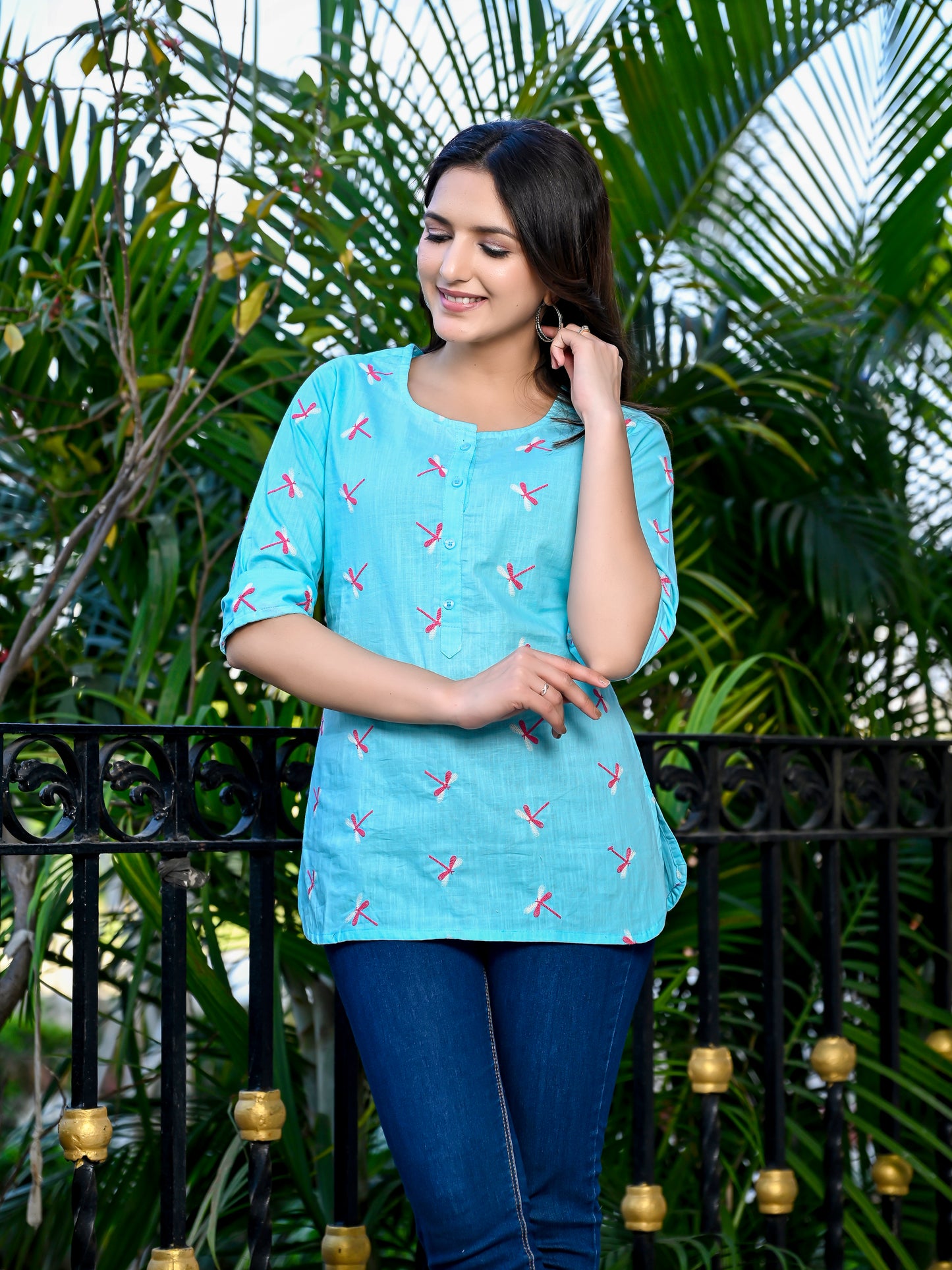 Blue Embroidered Cotton Top