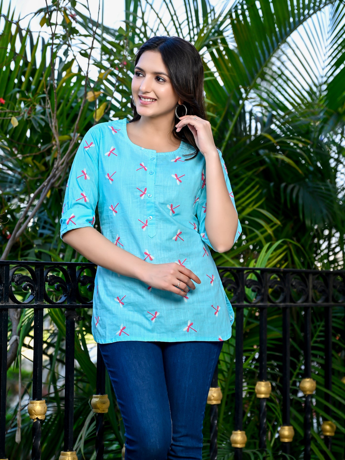 Blue Embroidered Cotton Top