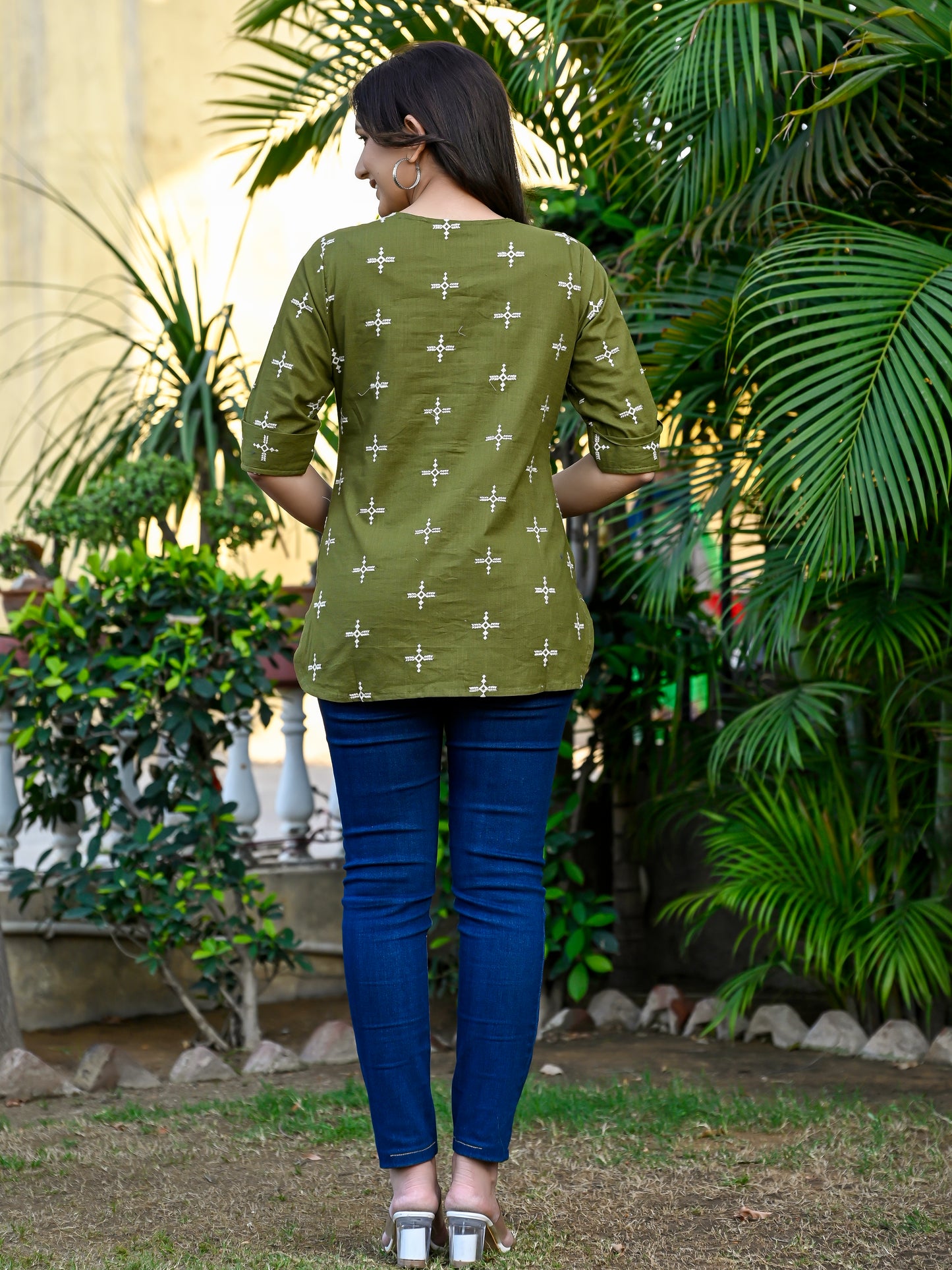 Olive Cotton Embroidered Top