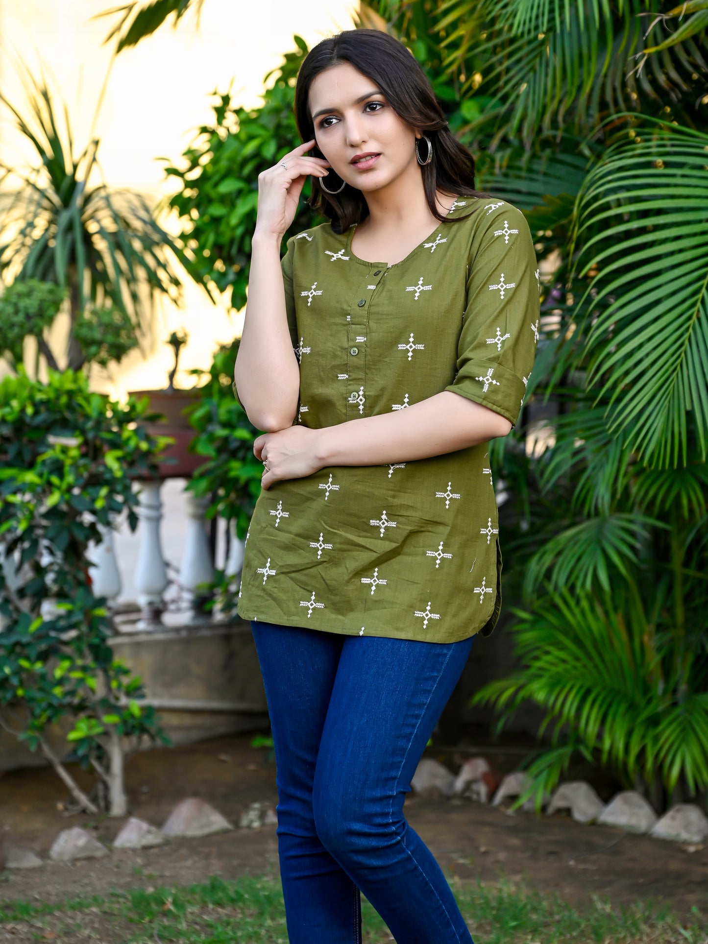 Olive Cotton Embroidered Top