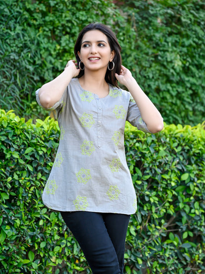 Grey Embroidered Cotton Top