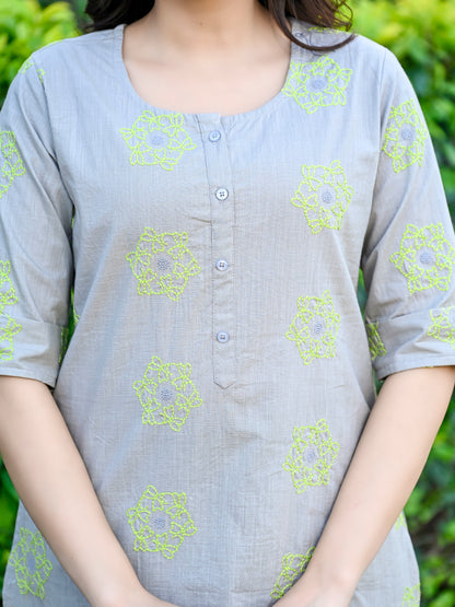 Grey Embroidered Cotton Top