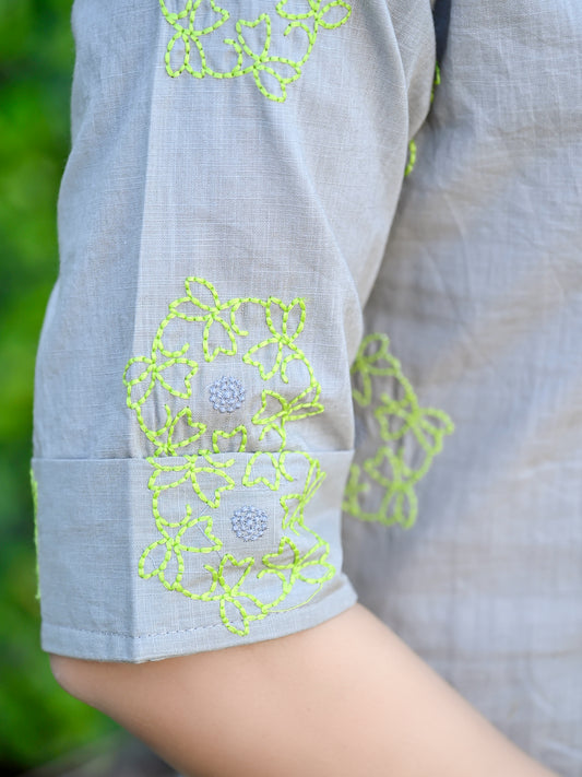 Grey Embroidered Cotton Top