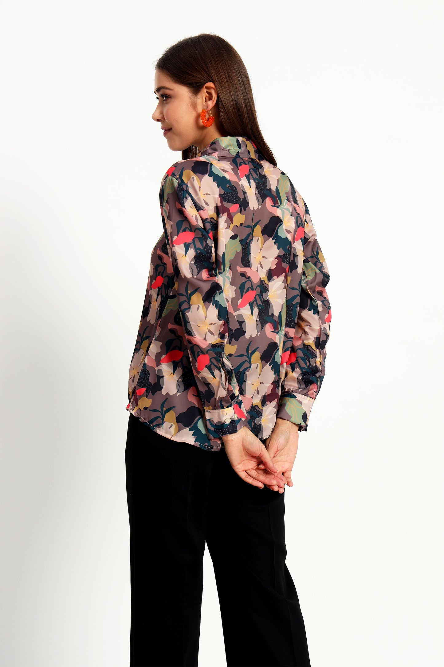 Peikh women's brown satin shirt with an all-over multicolor floral print. Developed in a regular fit and length, available in sizes S to 3XL