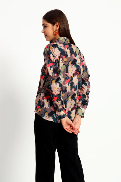 Peikh women's brown satin shirt with an all-over multicolor floral print. Developed in a regular fit and length, available in sizes S to 3XL