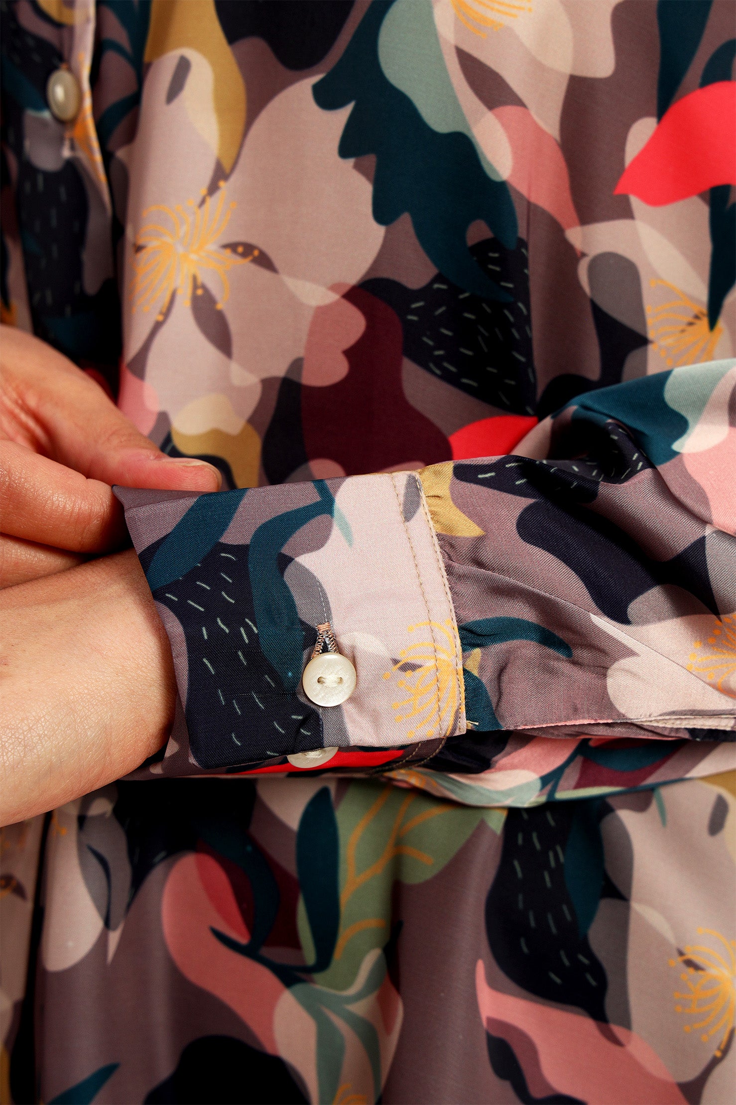 Peikh women's brown satin shirt with an all-over multicolor floral print. Developed in a regular fit and length, available in sizes S to 3XL