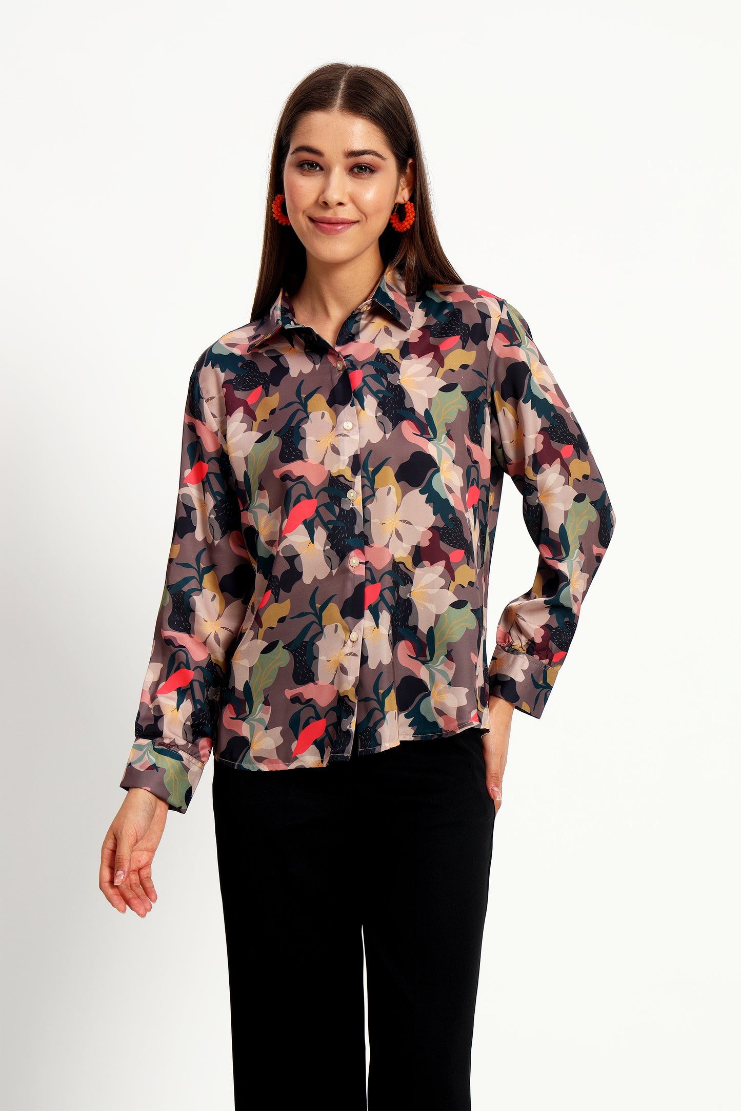Peikh women's brown satin shirt with an all-over multicolor floral print. Developed in a regular fit and length, available in sizes S to 3XL