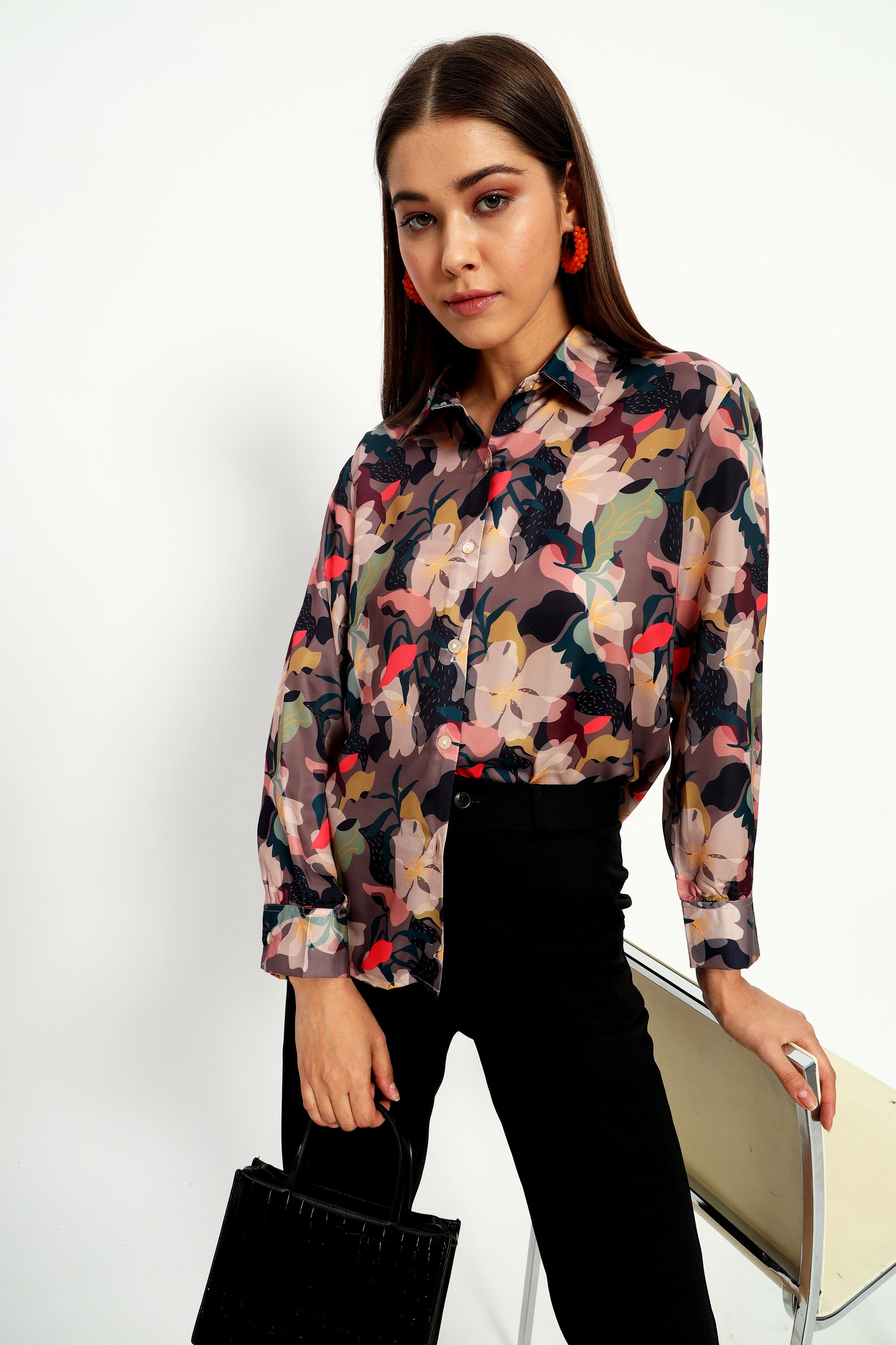 Peikh women's brown satin shirt with an all-over multicolor floral print. Developed in a regular fit and length, available in sizes S to 3XL