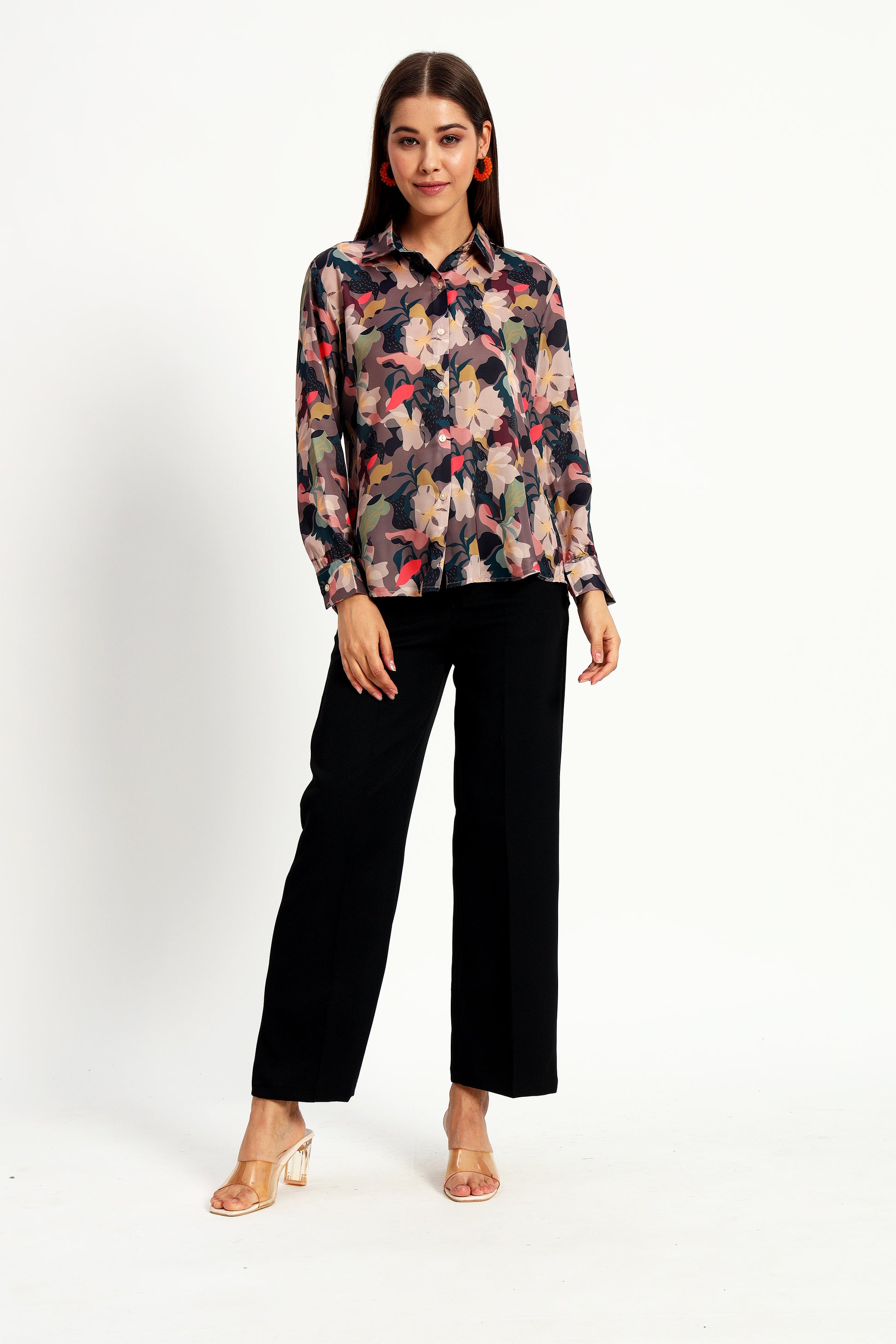 Peikh women's brown satin shirt with an all-over multicolor floral print. Developed in a regular fit and length, available in sizes S to 3XL