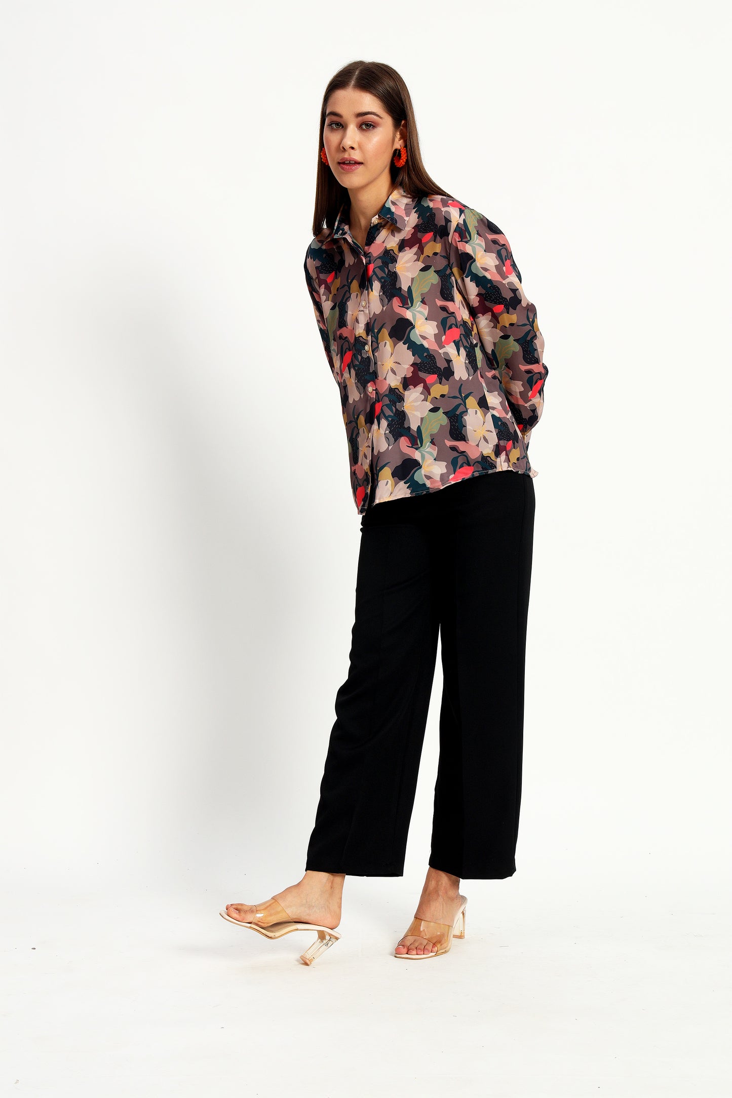 Peikh women's brown satin shirt with an all-over multicolor floral print. Developed in a regular fit and length, available in sizes S to 3XL