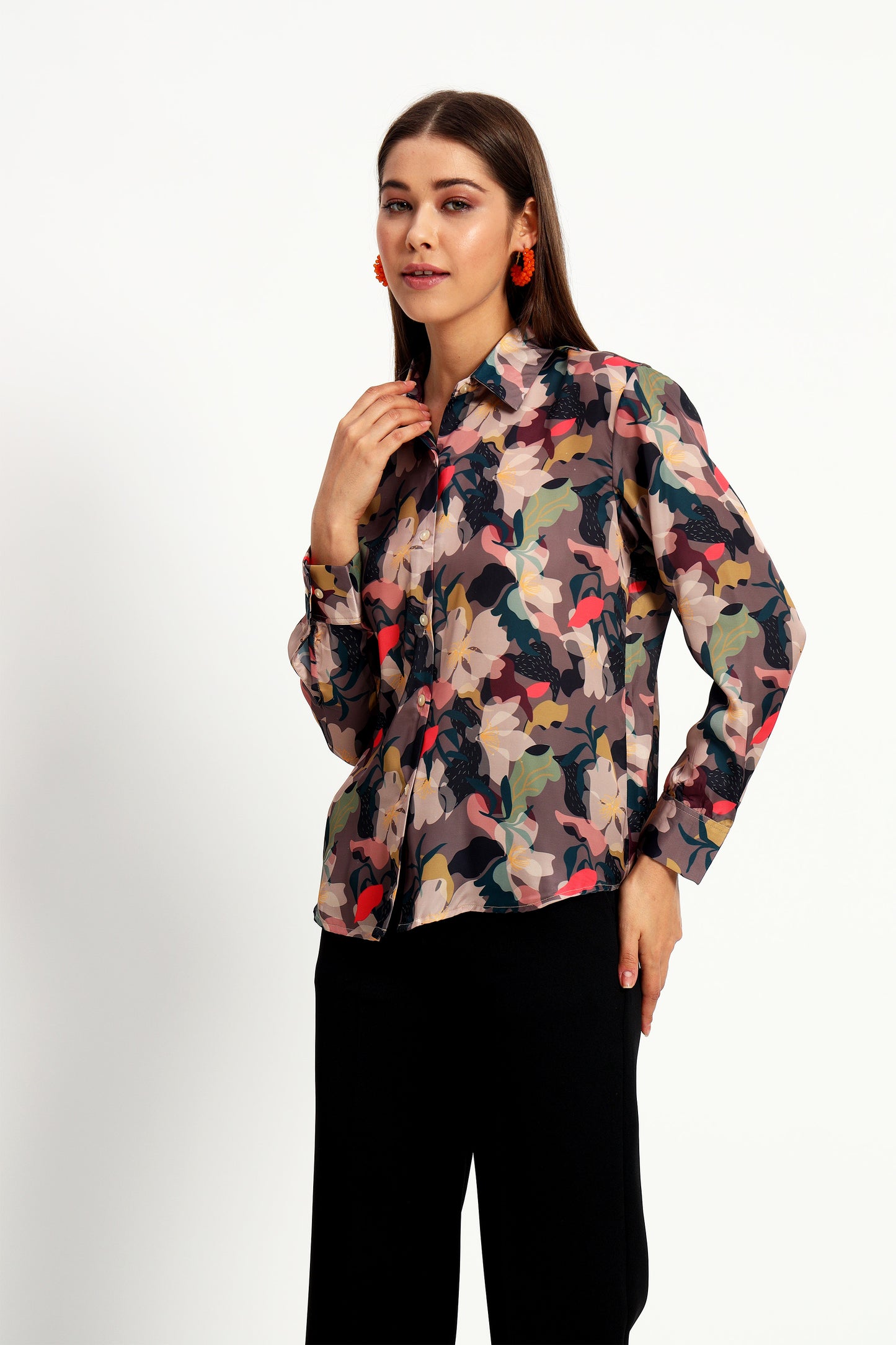 Peikh women's brown satin shirt with an all-over multicolor floral print. Developed in a regular fit and length, available in sizes S to 3XL