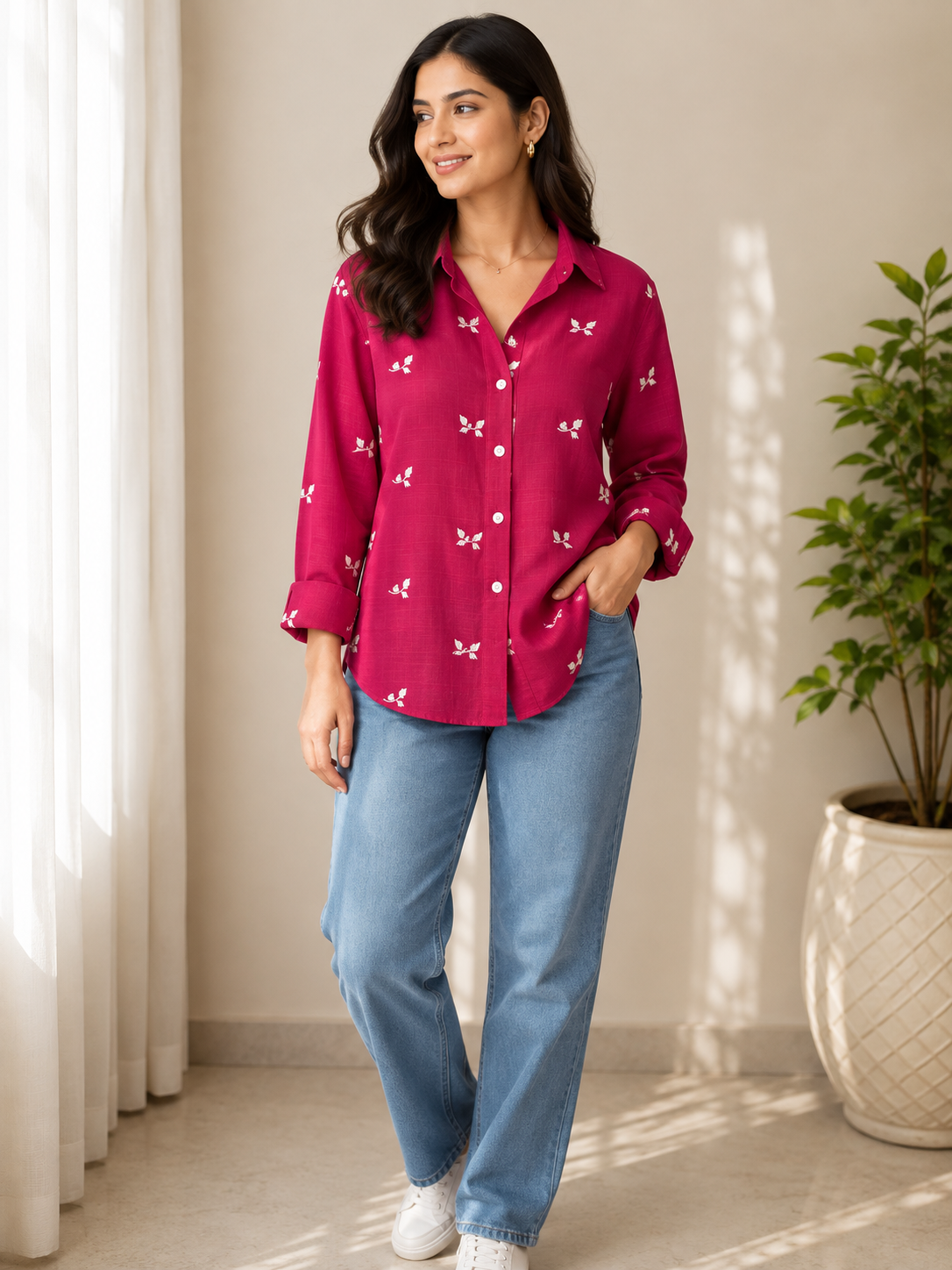 Magenta Embroidered Cotton Shirt