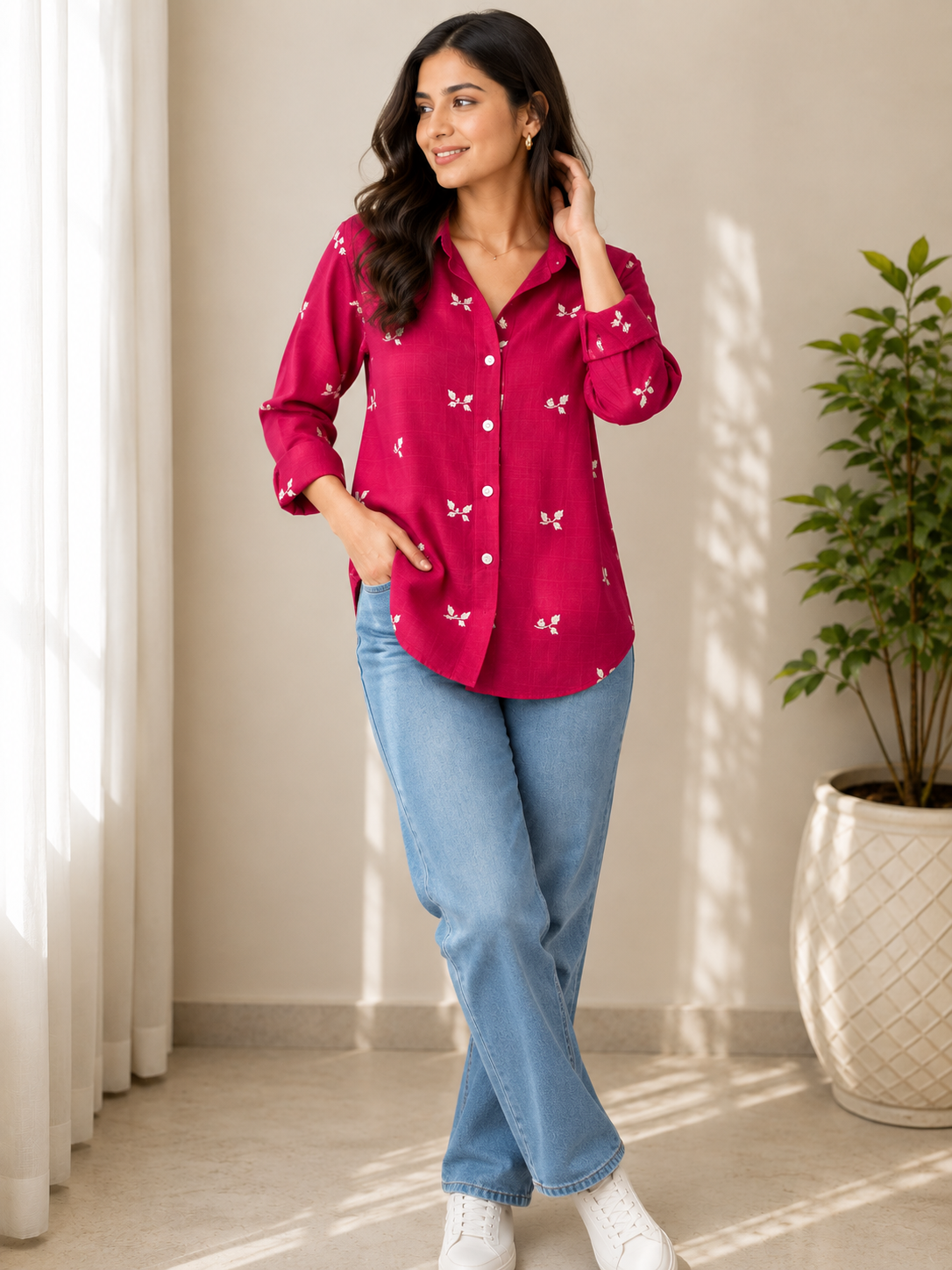 Magenta Embroidered Cotton Shirt