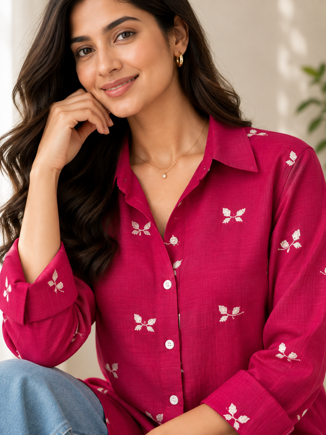 Magenta Embroidered Cotton Shirt