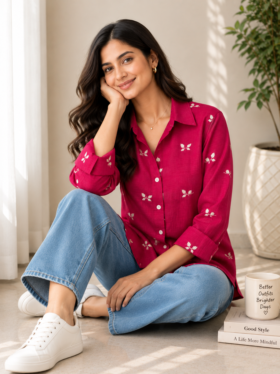 Magenta Embroidered Cotton Shirt