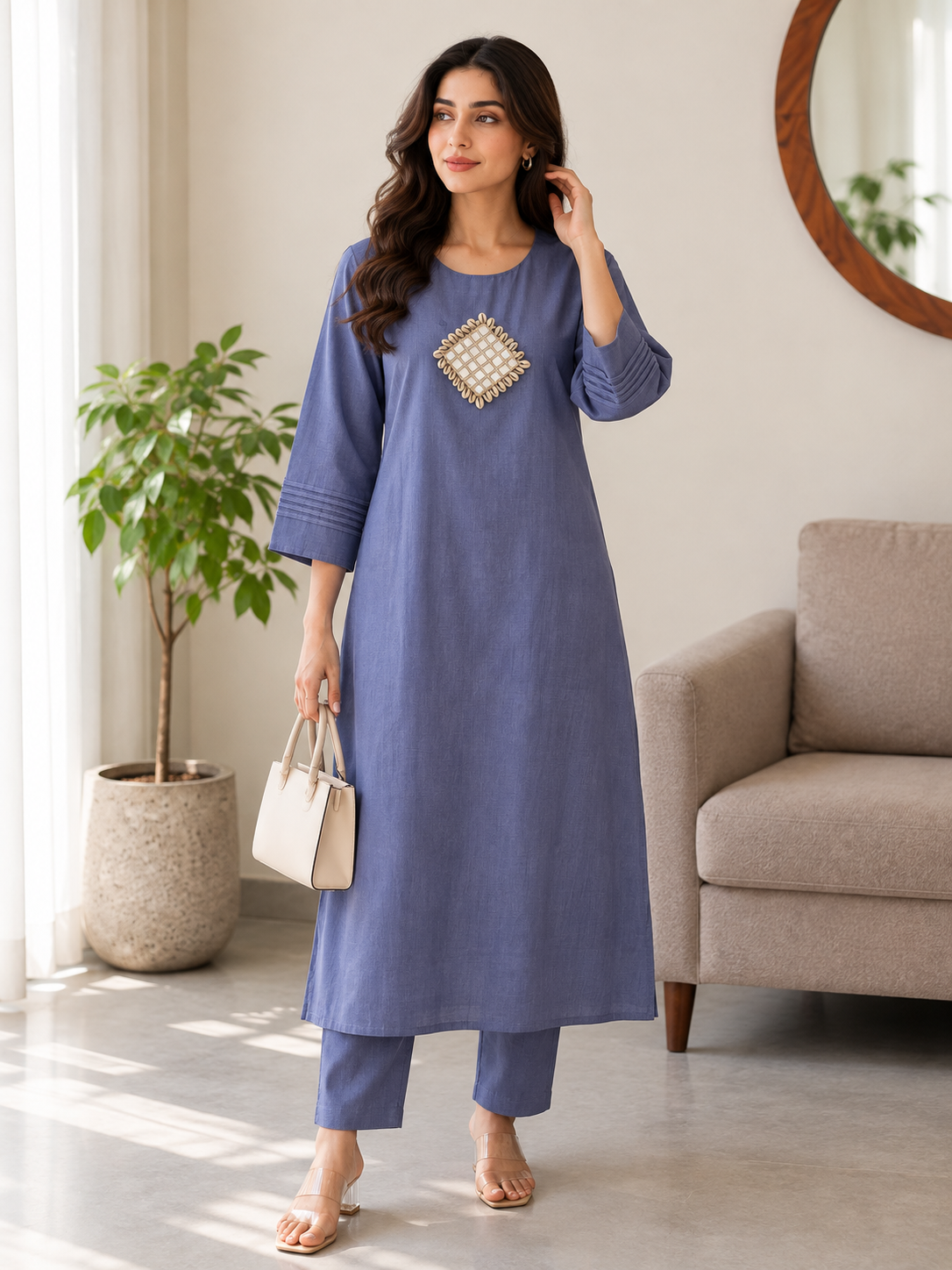 Mirror Work Powder Blue Cotton Kurta Set