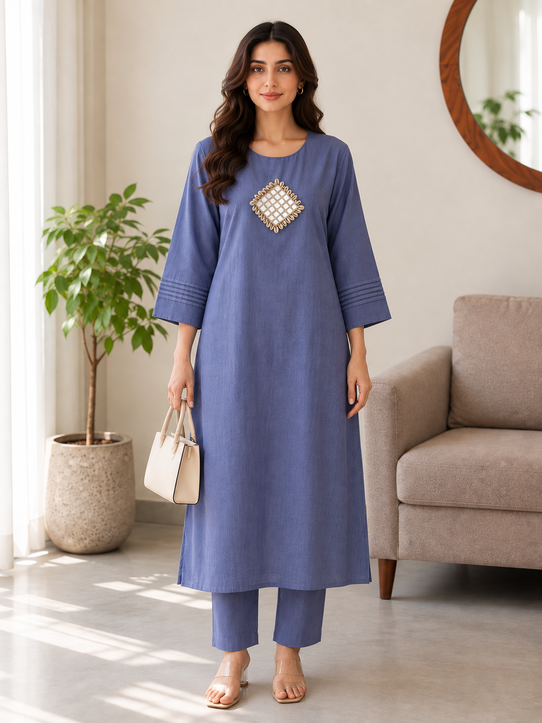Mirror Work Powder Blue Cotton Kurta Set
