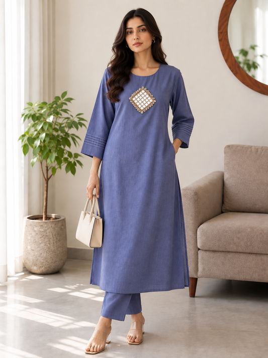 Mirror Work Powder Blue Cotton Kurta Set