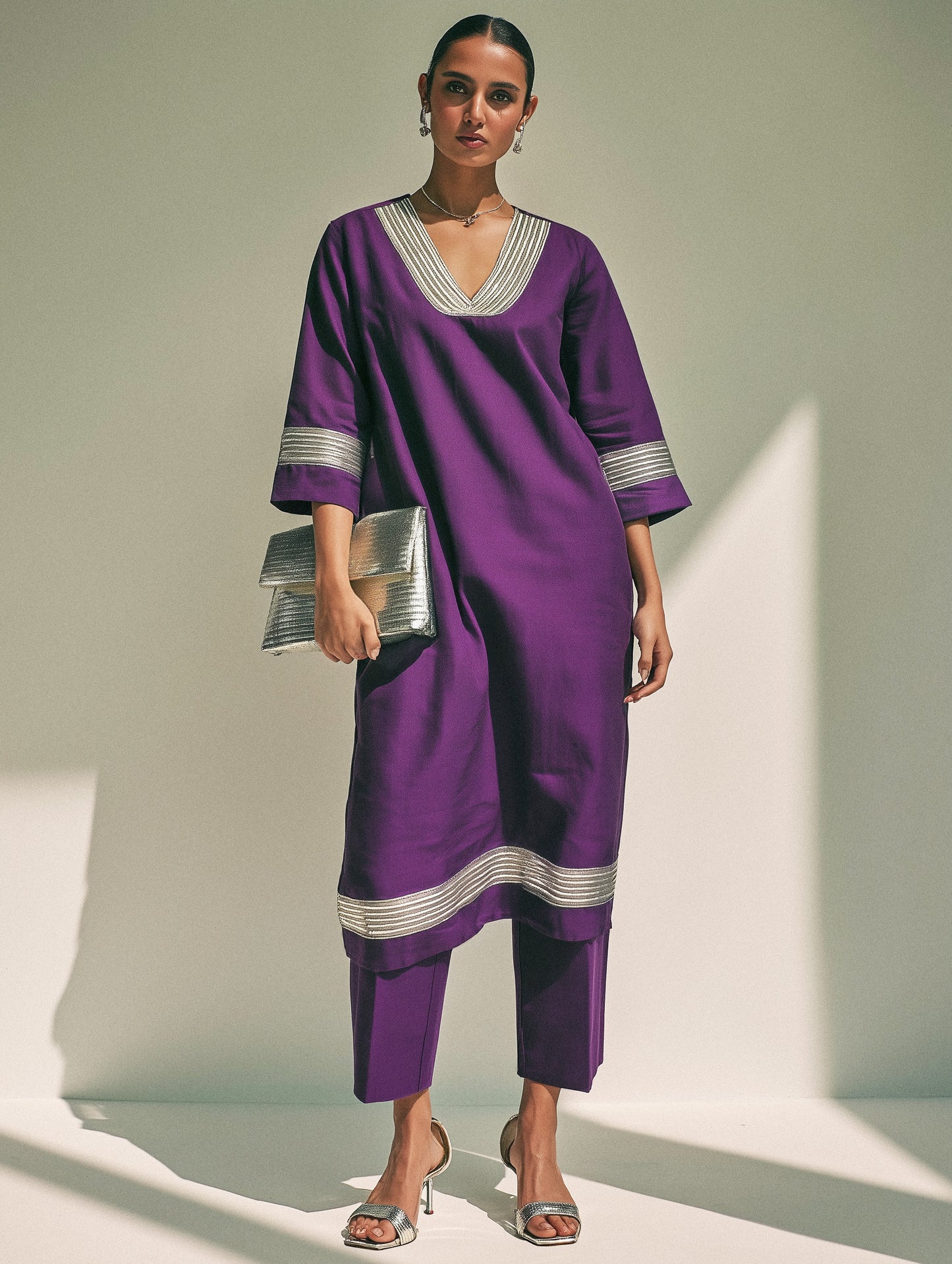 Purple Embellished Cotton Straight Kurta Set