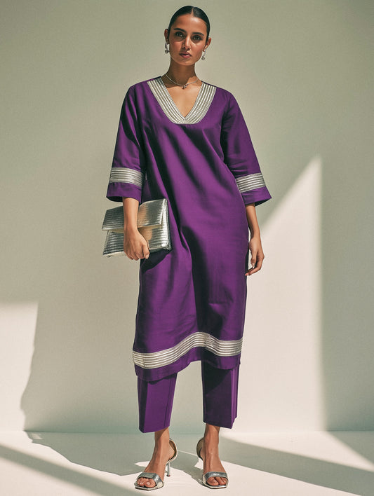 Purple Embellished Cotton Straight Kurta Set
