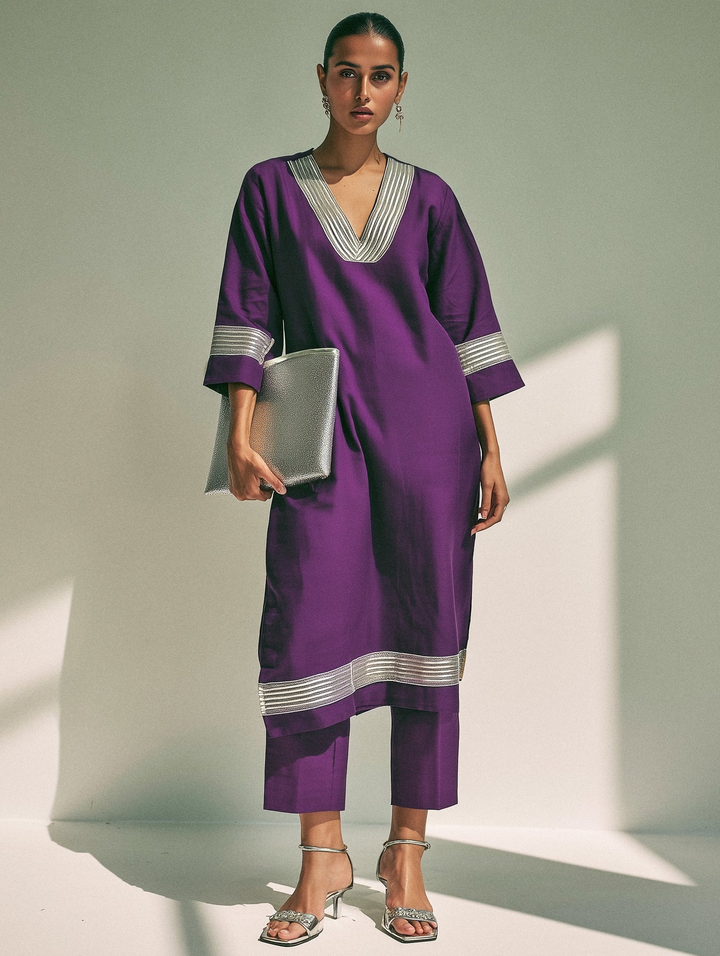 Purple Embellished Cotton Straight Kurta Set